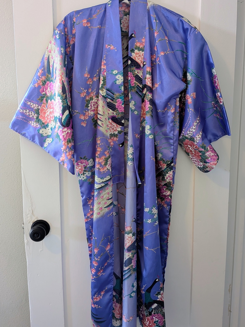 Lavender Floral Kimono Robe with Peacock Motif